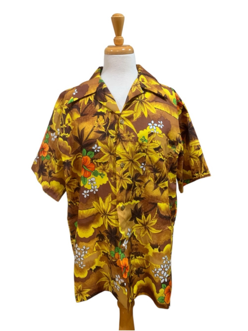 Vtg 70’s Men's Rotal Hawaiian Button Down Shirt Size L Brown Yellow Floral